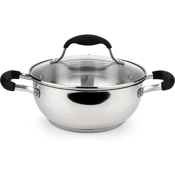 AVACRAFT 8-Inch Stainless Steel Everyday Pan with Five-Ply Base and Glass Lid