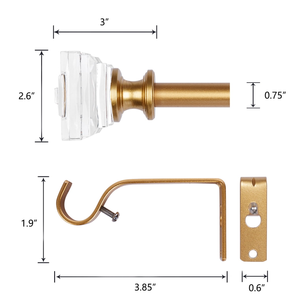 2 Pack 3/4" Diameter Standard Decorative Window Curtain Rod, Adjustable Curtain Rod for Windows, Acrylic Square Finials