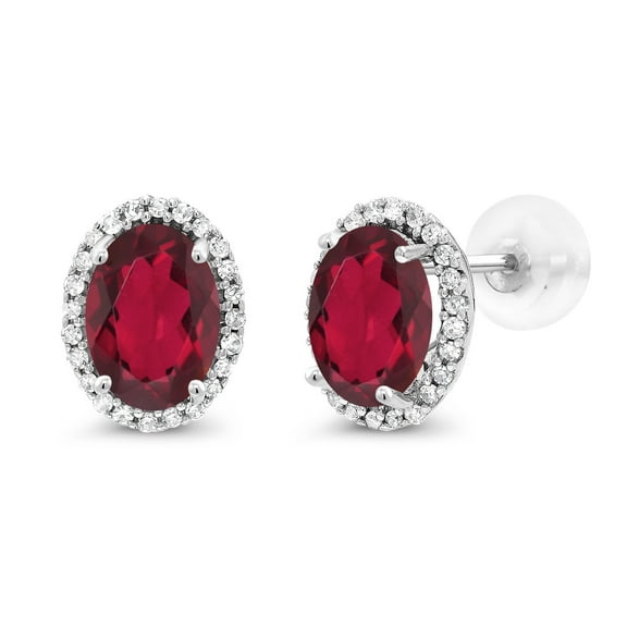Gem Stone King 10K White Gold Ruby Red Mystic Topaz and White Diamond Halo Stud Earrings for Women | 1.94 Cttw | Gemstone November Birthstone | Oval 7X5MM