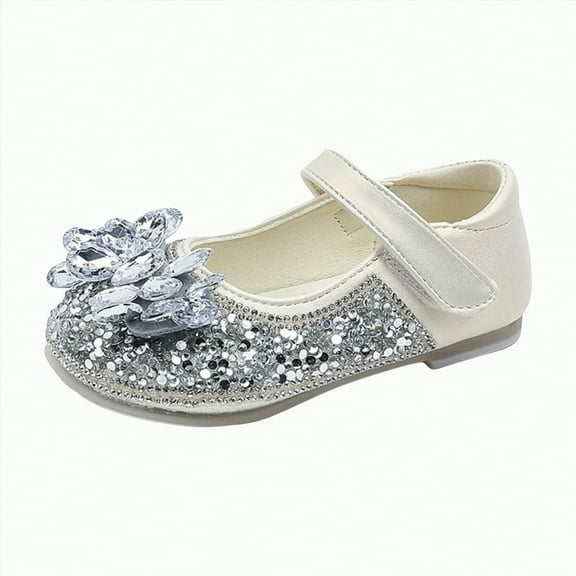 Hessimy Baby Girls Mary Jane Sequins Flats PU Leather Wedding Party Princess Ballet Shoe Rubber Sole Prewalker Toddler First Crib Shoes school (Beige,10.5)