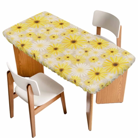 Farmhouse Daisy Table Cloths for 5 Foot Rectangle Tables, Spring Watercolor Yellow White Floral Beige Patio Waterproof Elastic Fitted Tablecloths, Washable Rectangular Table Cover for Camping