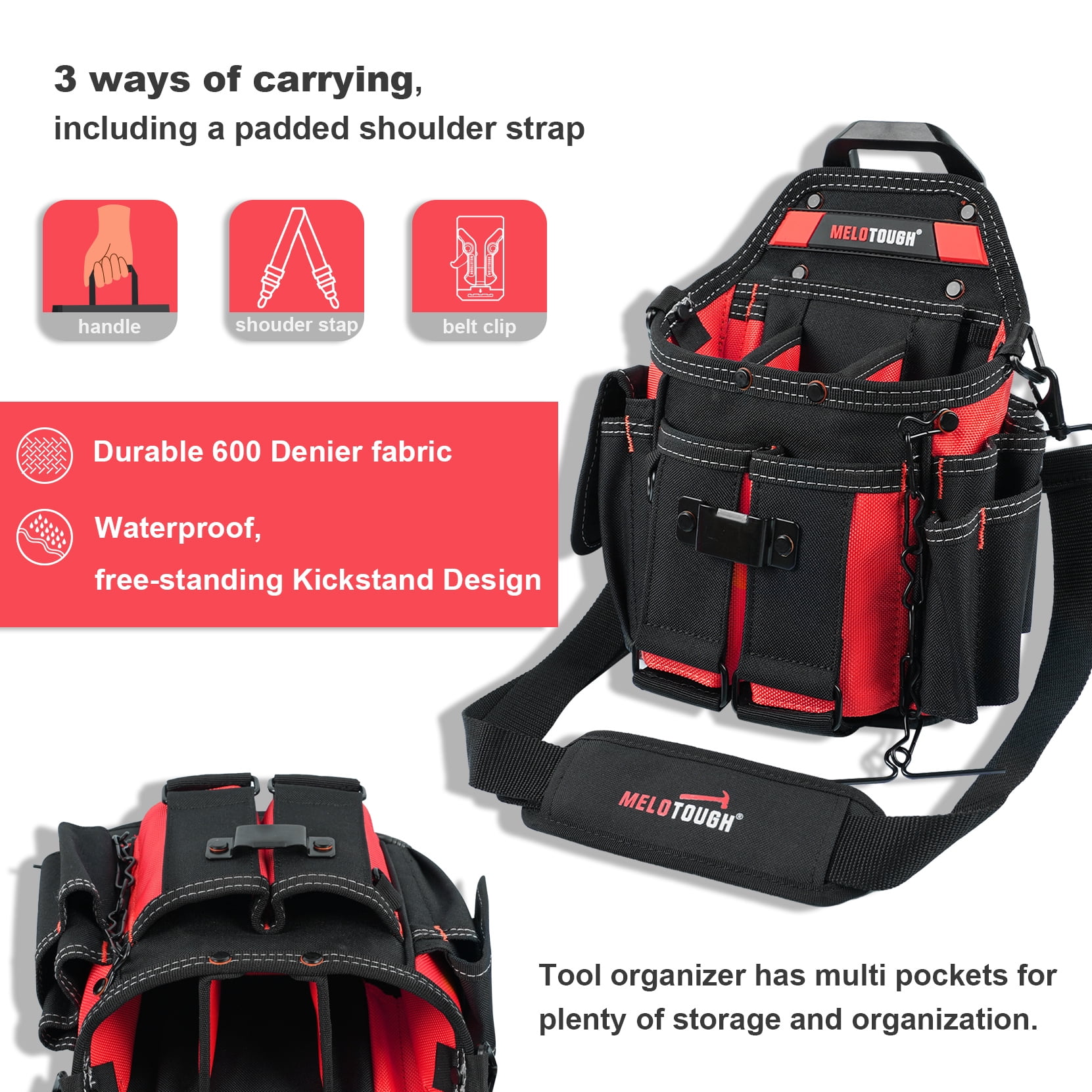 MELOTOUGH Professional Electrician Tool Pouch Bag with Shoulder Strap Tool Pouch with Belt Clip Quickly Attach and Release Tool Bag