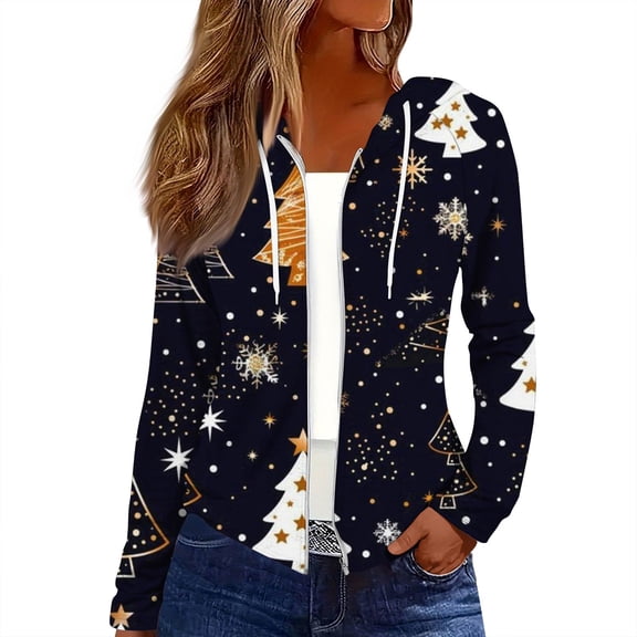 Women's Fashion Christmas Print Casual Zip-Up Long-Sleeve Hooded Jacket, for Outdoor Activities and Daily Use,Navy,2XL