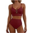 thumbnail image 2 of Minjewel Women's V-Neck Cutout High Waisted Bikini Two Piece Swimsuit,Textured Pleated Fabric with High Waist Bottoms,Sexy Beach Swimwear,Wine,M, 2 of 6