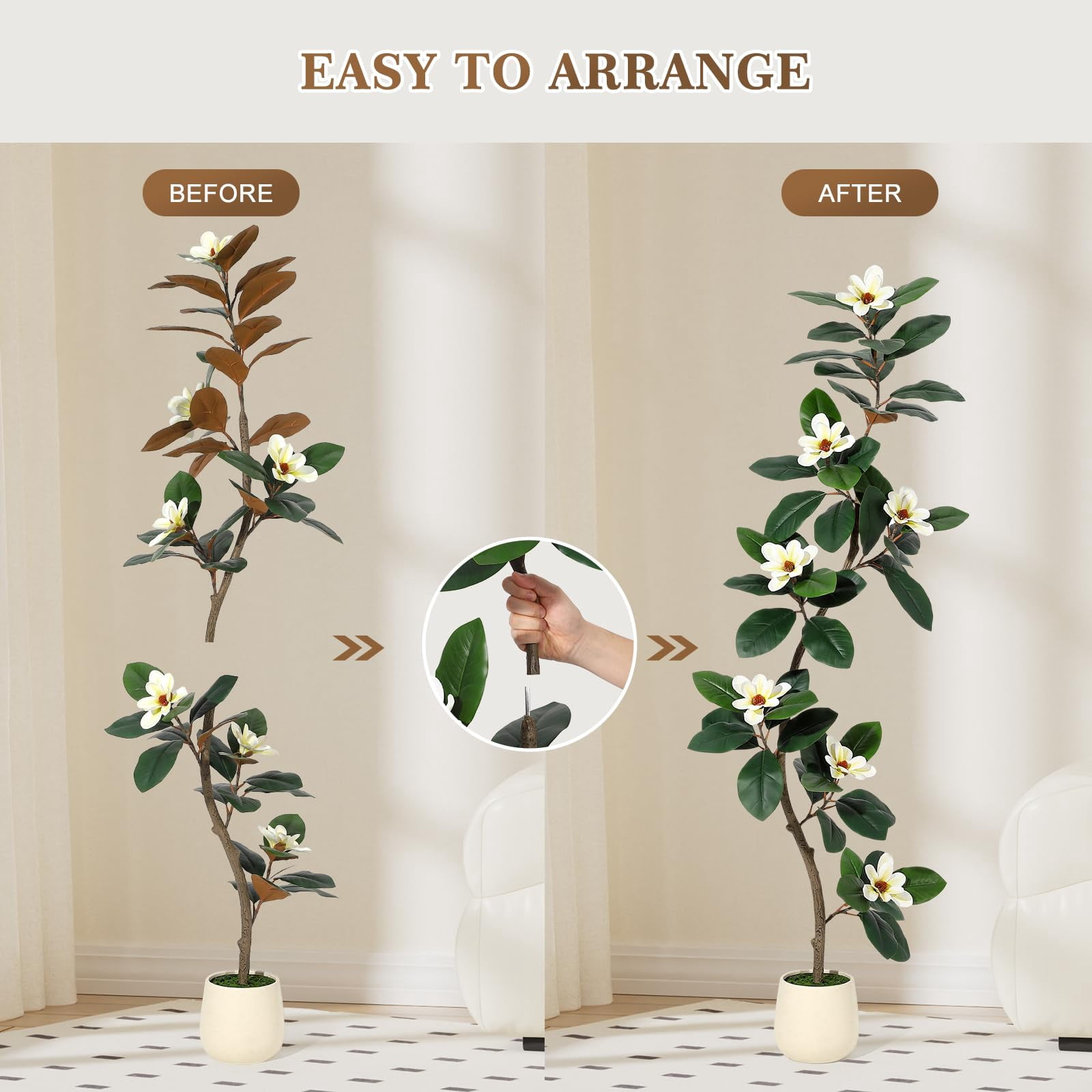 6FT Rubber Tree Artificial Tree, Fake Floor Plant with 7 Pcs Magnolia Flowers in White Planter Bonsai Planter, Indoor Tall Faux Plants for Living Room Home Decor, Gifts for Women