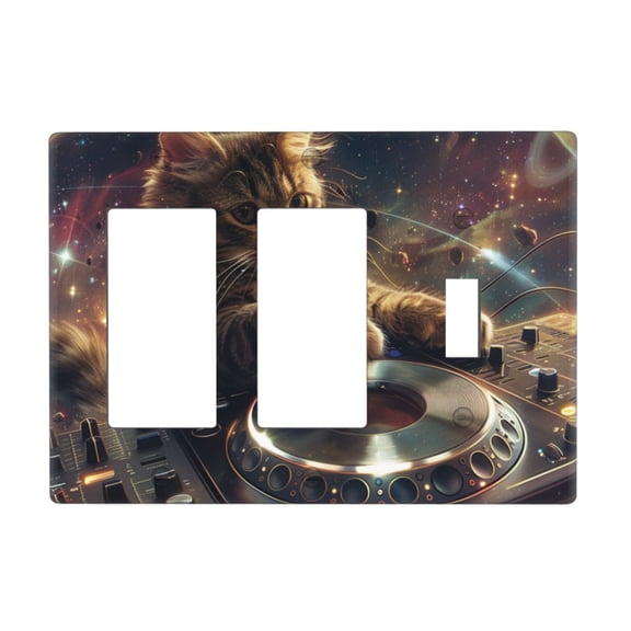 Cat Dj In Space Switch Cover Decorative Wall Plate 3-Gang 2-Decor 1-Toggle Standard Size