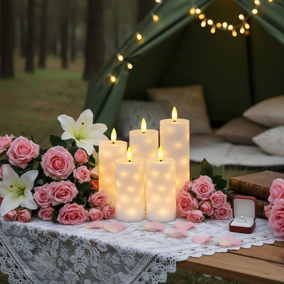 Goyuon Flameless LED Candles 5 Pack with Timer Remote, Embedded Star String Lights, Battery Operated Flickering Candles, Ivory White Acrylic
