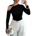 thumbnail image 1 of Camiseta Elegante Asimétrica con Cuello Alto, Hombros Descubiertos y Decoración Metálica para Mujer, Camisas Fruncidas Ajustadas de Larga Negro L, 1 of 8