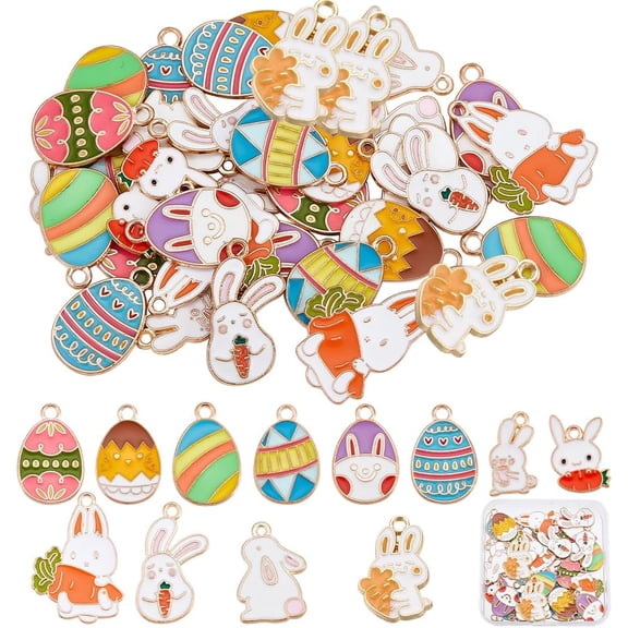 1 Box 48Pcs 12 Styles Easter Egg Charms Bunny Charms Bulk Enamel Rabbit Carrot Charm Cartoon Animals Charm for Jewelry Making Charms Bracelet Necklace Earring Women Crafts Supply Gold DIY
