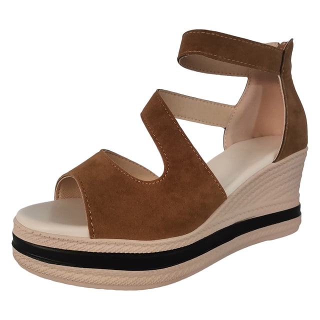 Bmisegm Sandales à Talon Haut pour Femmes d'Été Rétro Couleur Unie Semelle Épaisse Fermeture Éclair Grande Pointure Talon Compensé Sandales Femmes Été Brun 8.5