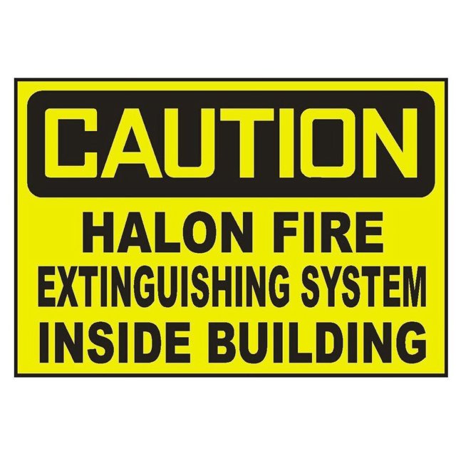 Señal de advertencia de aluminio con sistema de prevención de incendios de halón en el interior del edificio. Tamaño de la señal: 8 x 12 pulgadas