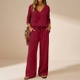 thumbnail image 6 of EaseDay Womens 2 Piece Lounge Pajama Sets Soft 3/4 Sleeve V Neck Tops and Wide Leg Pants Casual Matching Outfits with Pockets Elastic Waist Wine Red, 6 of 8
