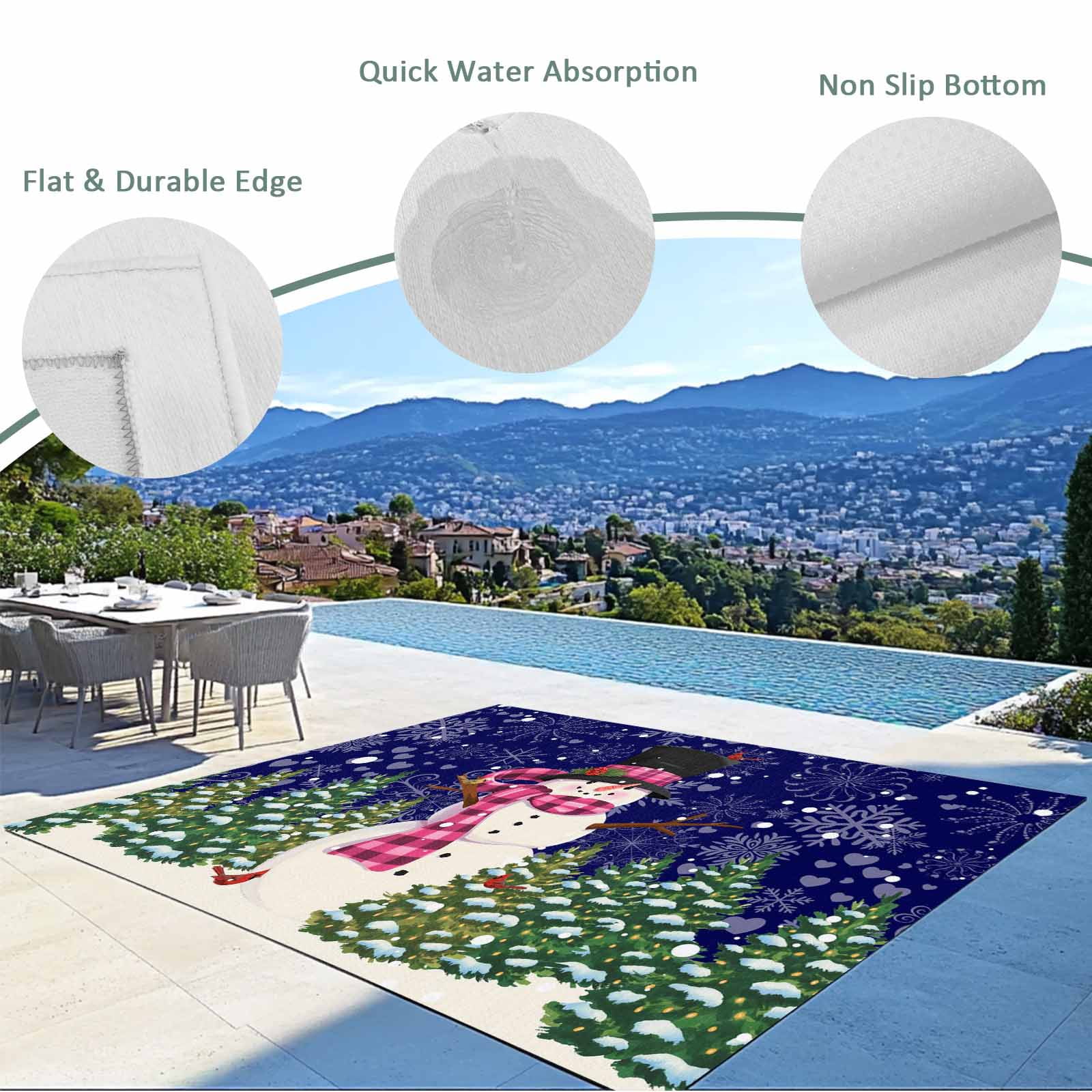 Fsddascl Navy Blue Snowman Christmas Outdoor Rug for Patio/Deck/Porch, Non-Slip Large Area Rug 4 x 6 Ft, Green Xmas Tree Snowflake Indoor Outdoor Rugs Washable Area Rugs, Camping Rug Carpet Runner