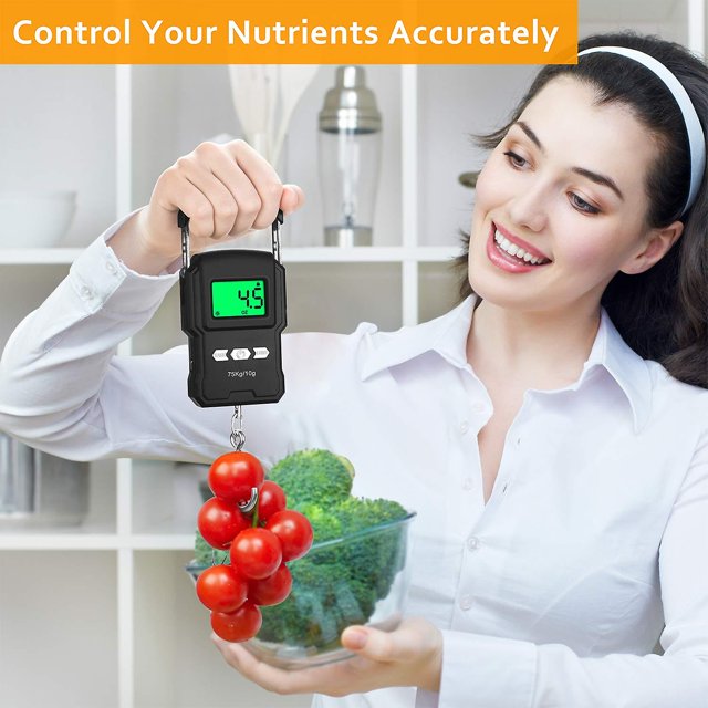 Báscula electrónica portátil, báscula de pescado digital con retroiluminación LCD de 75 kg, báscula colgante de gancho con regla de cinta métrica y baterías 2aaa, Banban