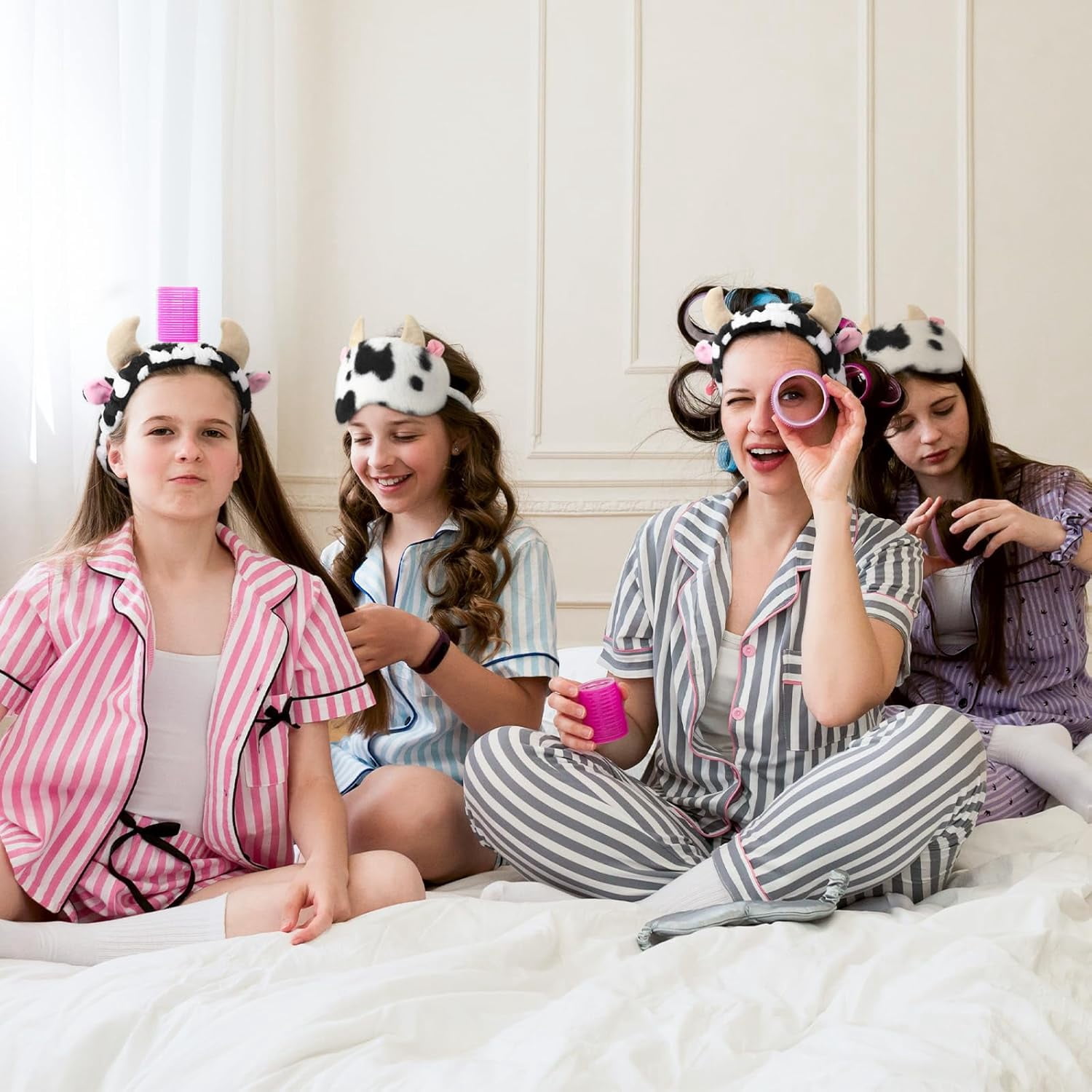 12 Pcs Cow Spa Sleepover Party Supplies for Women Soft Cow Ears Makeup Headband for Washing Face Cute Print Sleep Eye Mask for Sleepover Slumber Party Favors Gifts