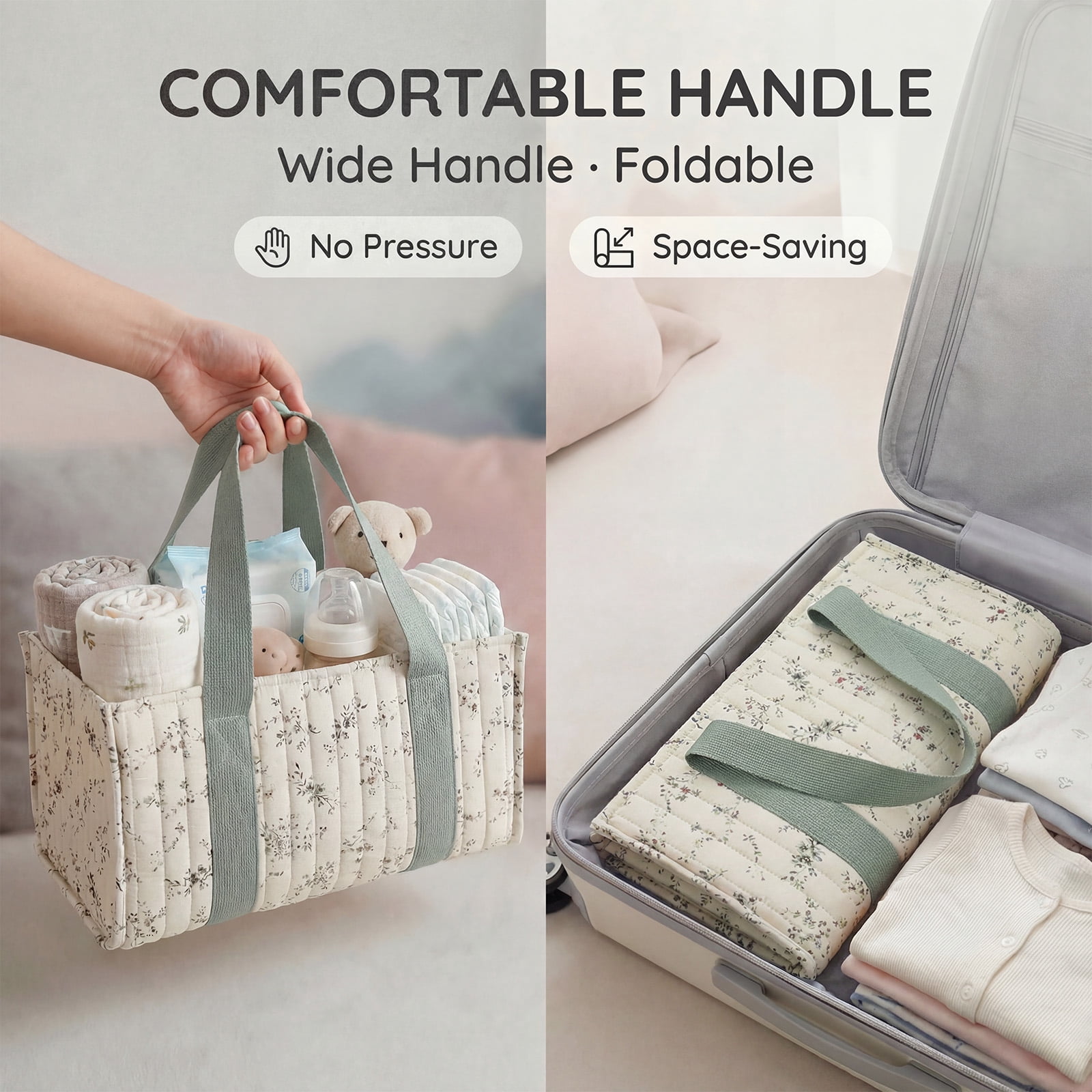 Ikoopy Floral Diaper Caddy Organizer Stylish Nursery Storage Basket Present for Baby Shower Newborn Essential Floral Beige Green