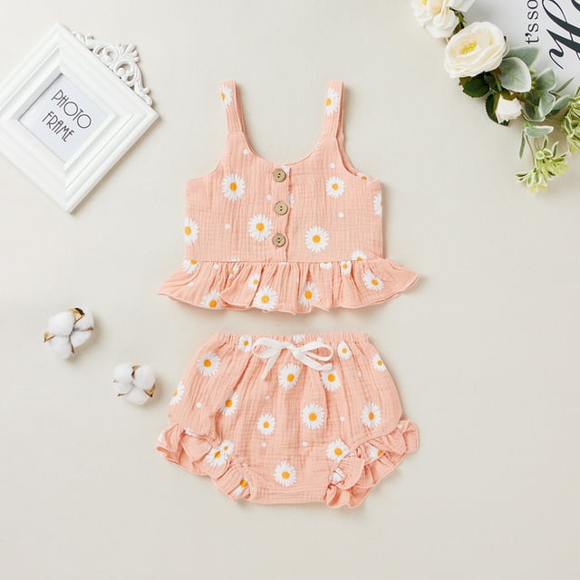goowrom Girl?s Daisy Flower Printed Clothes Suit, Sleeveless Ruffled Hem Tank Tops with Triangle Shorts
