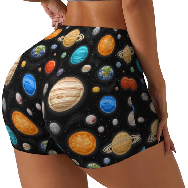 Fotbe Planets In Deep Space Shorts Sin Costuras – Shorts Deportivos de Cintura Alta para Mujer, Elásticos para Gimnasio, Yoga, Running o Ciclismo-Large