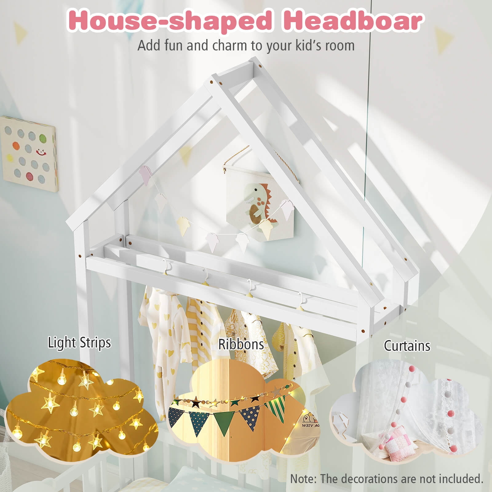 Infans Twin Size House Floor Bed w/House-shaped Headboard Clothes Hanger without Slats