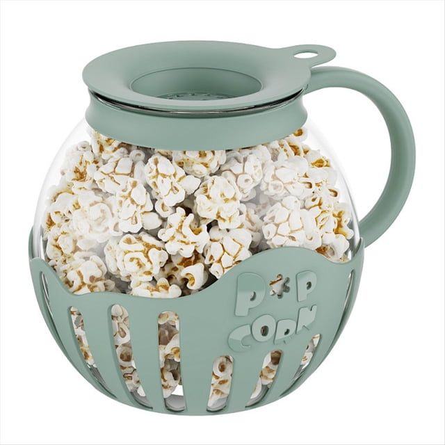 máquina para hacer palomitas maíz, bocadillos para microondas, palomitas maíz, air poppers, tazón para palomitas maíz 2,25 cuartos, accesorios cocina borosilicato, verde Tarro de cristal para microondas de 2.25 cuartos con vidrio transparente y funda de PP verde; vista frontal centrada con asa y tapa medidora para granos y condimentos, base ranurada decorativa con texto "POP CORN" visible y palomitas dentro; también adecuado como recipiente para servir snacks en reuniones.
