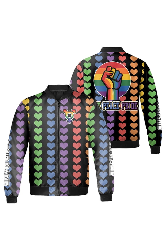 Custom Name Love Peace Pride Bomber Jacket, Rainbow Heart Pattern and Gender Symbol Graphic, LGBT Pride Month Black Zip Up Jacket