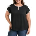 thumbnail image 1 of GRACE & GRANDEUR Blusa de Talla Grande para Mujeres con Contraste de Color, Cuello Redondo con Abertura, Manga Corta, Tops Casuales de Verano 1X Negro, 1 of 5
