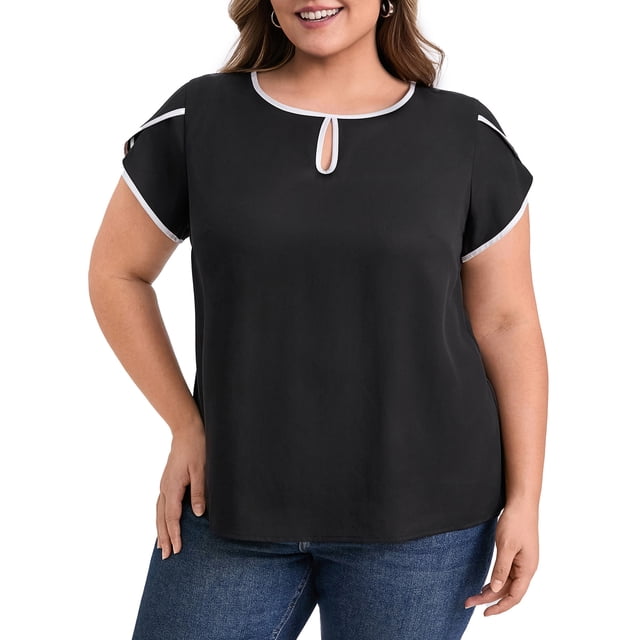 GRACE & GRANDEUR Blusa de Talla Grande para Mujeres con Contraste de Color, Cuello Redondo con Abertura, Manga Corta, Tops Casuales de Verano 1X Negro