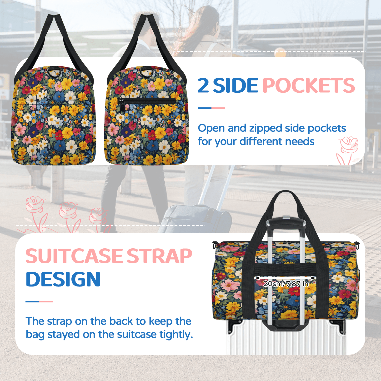 Herdesigns Flower Colorful Gym Bag for Women, Duffle Bag for Travel Sport, Lightweight Waterproof Carry on Weekender Overnight Dance Yoga Workout Bags