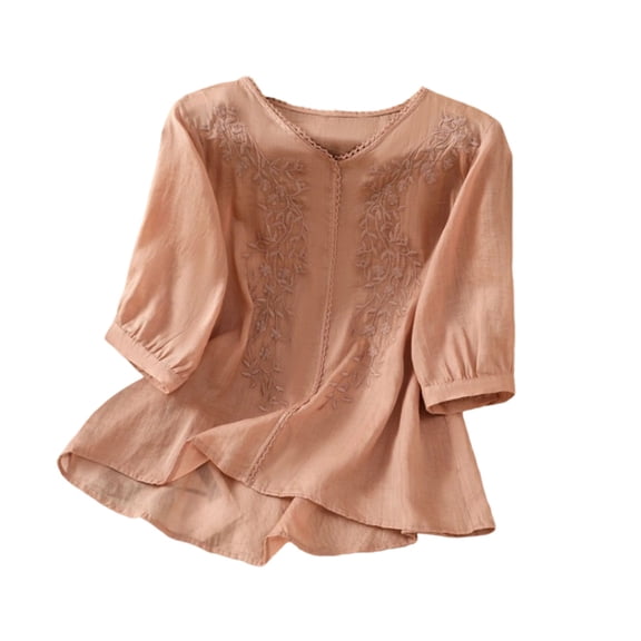 YUGYXL Embroidered Tops for Women Cotton Linen Spring Summer Gauze Tunic Boho Shirts Peasant Short Sleeve Casual Plus Size Blouses Orange Top XXL