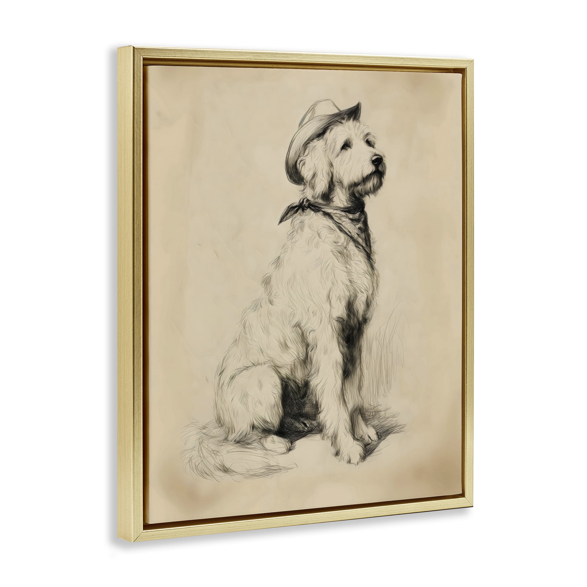Stupell Industries Cowboy Goldendoodle Sketch Gold Framed Floater Canvas Wall Art, design by Arlington Prints