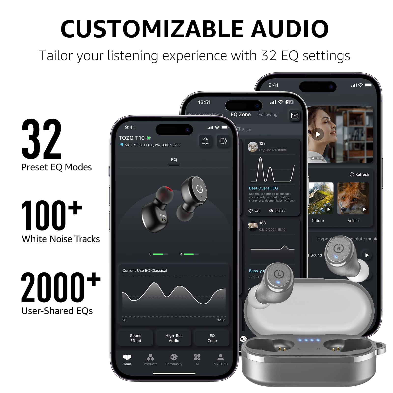 TOZO T10 Bluetooth Headphones Wireless Earbuds, 55H, Stereo Bass, App Customize 32 EQ, Wireless Charge, IPX8 Waterproof, 100+ White Noise Tracks, Ergonomic Design, Gray