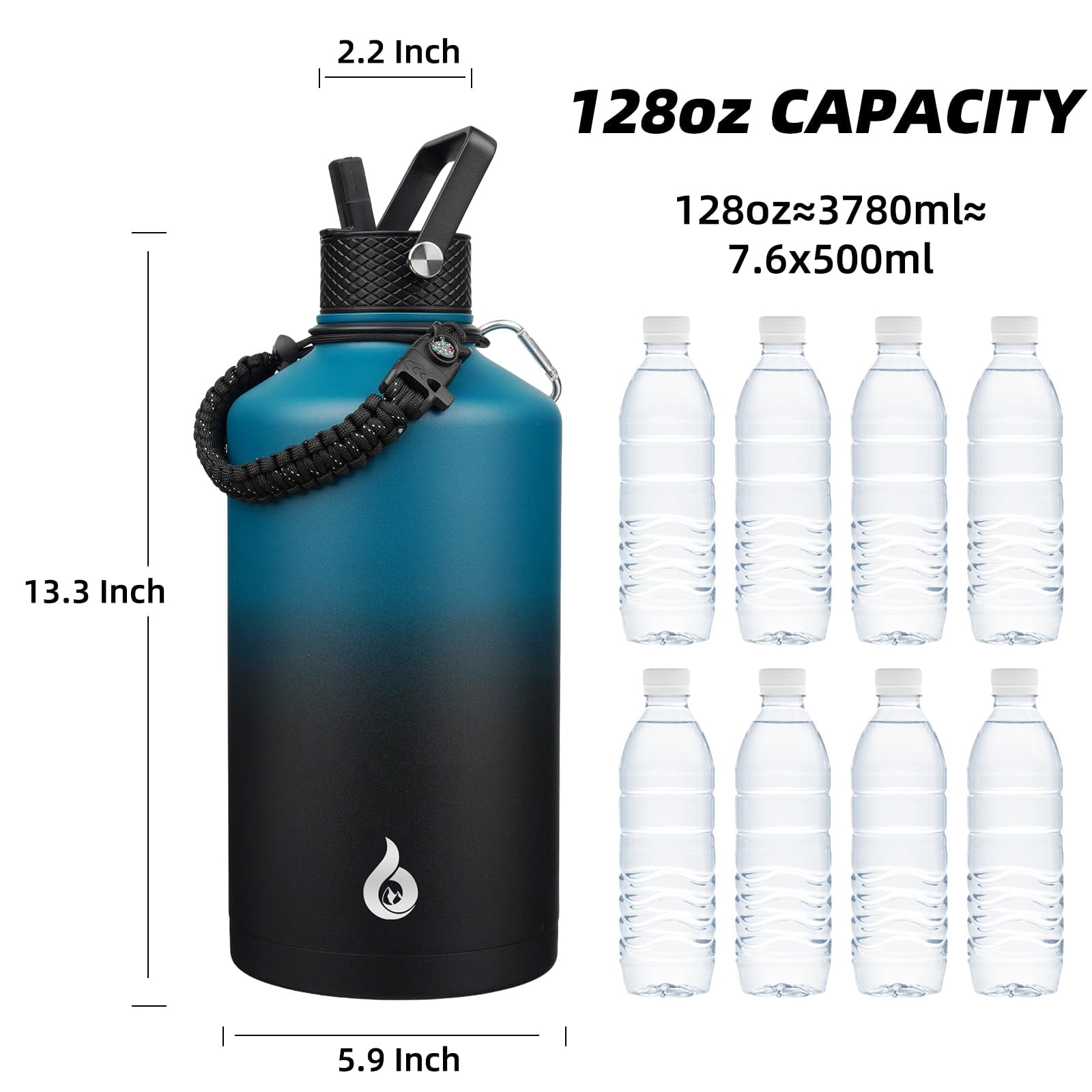 BJPKPK One Gallon Insulated Water Bottles with Straw Lid, 128oz Large, Stainless Steel Water Bottles with 3 Lids and Paracord Handle for Hot & Cold Liquid, Black Blue