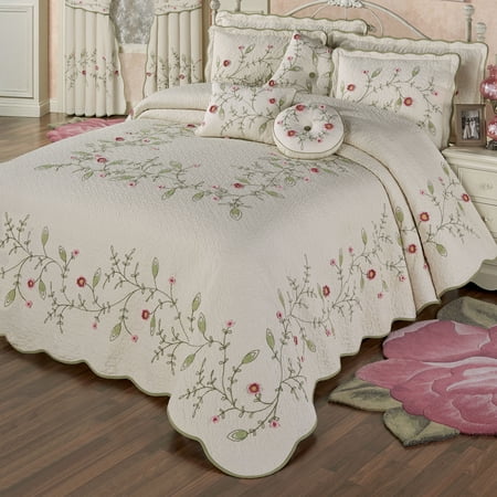 Posy Cottage Garden Embroidered & Crocheted Quilted Cotton Bedding, 3-pc Queen Bed Set