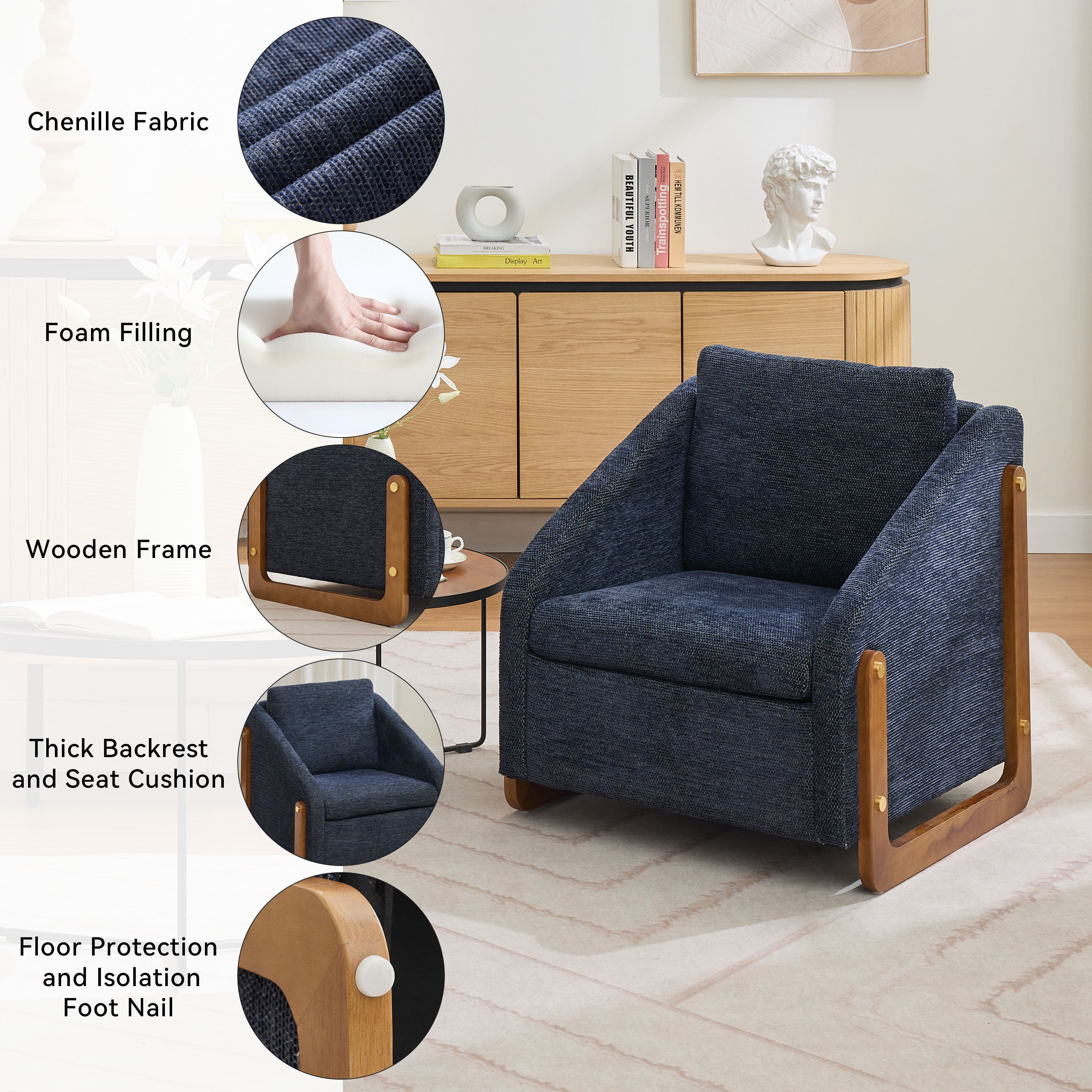Aukfa Accent Chair, Plush Chenille Modern Arm Chair with Naihead Trim, Blue