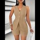 thumbnail image 5 of Conjuntos de Verano de 2 Piezas para Mujer, Sin Mangas, con Cuello en V, Abotonado, Chaleco y Pantalones Cortos con Bolsillos. Caqui XL, 5 of 9