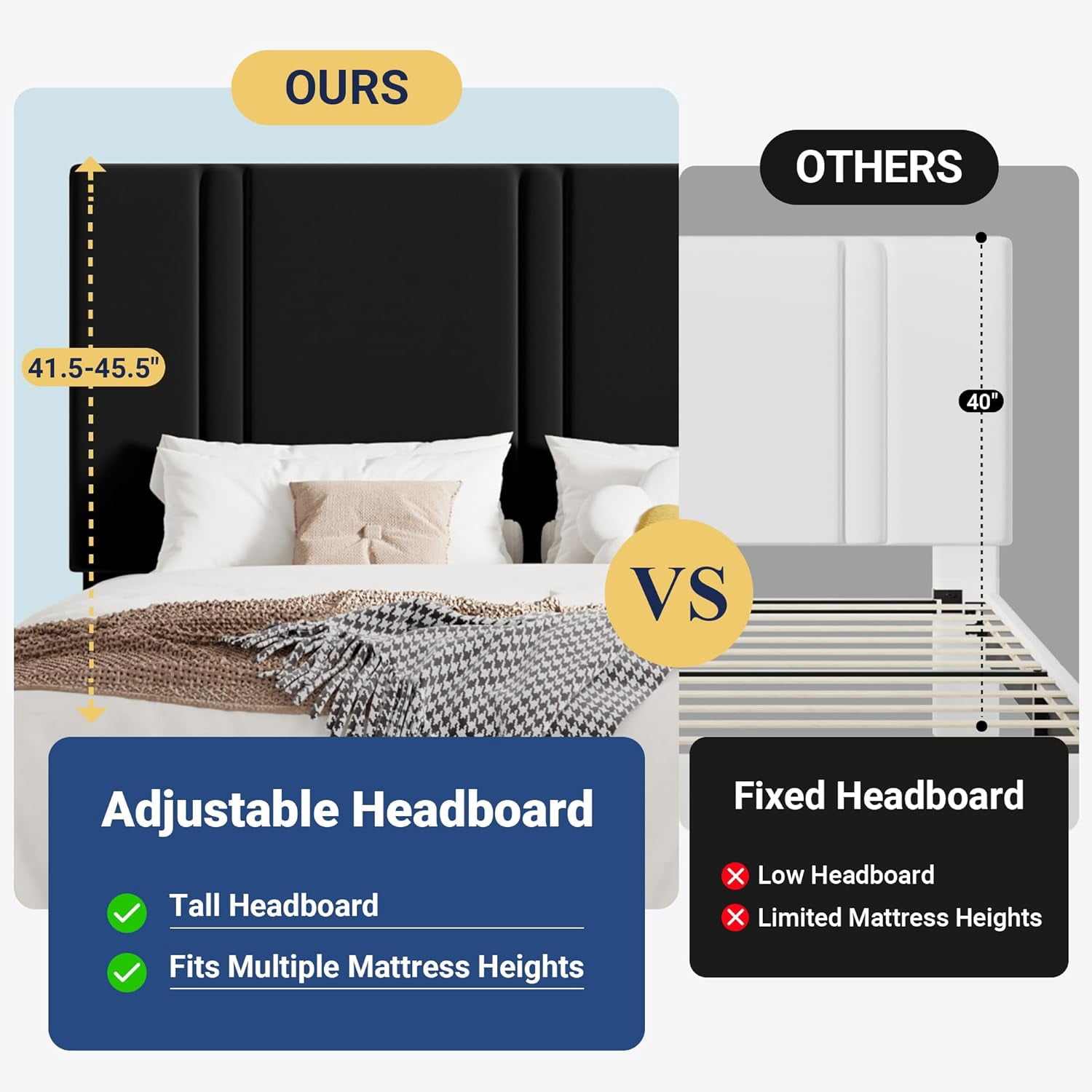 Allewie King Platform Bed Frame with Adjustable Headboard, Plush Velvet Upholstered, Vertical Channel Tufted, Sturdy Wooden Slats, No Box Spring Needed, Easy Assembly, Black