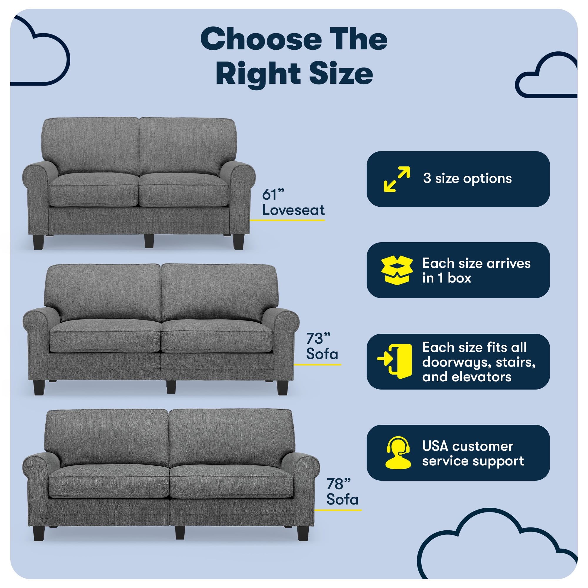 Serta Copenhagen 61" Rolled Arm Sofa, Easy Care Polyester, Loveseat or Couch for Small Spaces, Dark Gray
