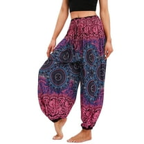 Defitshape Women's Harem Boho Pants Yoga Boho Jogger Hippie Printed Elastic Waist Genie Pants Beach Parachute Bohemian Cool Summer Drawstring Trousers Patterned2 One Size