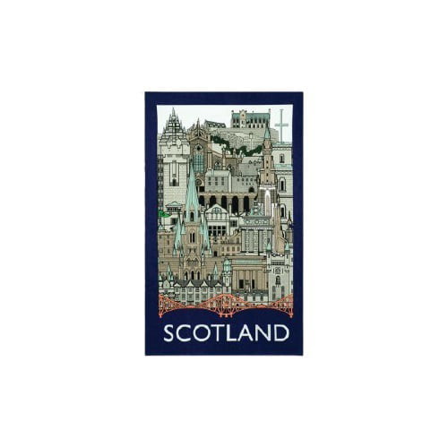 Cheerful colourful souvenir Scotland vintage tablecloth landmarks bridges castles history