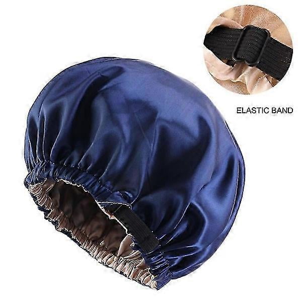 Shower Cap, Satin Lined Shower Cap, Extra Large Shower Cap for Women, Reusable Waterproof, Navy Blue