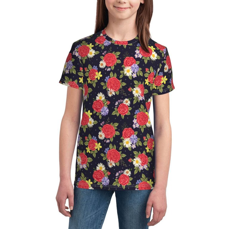 Wukai Red Rose Flower Youth Unisex Short Sleeve T-Shirt for Boys