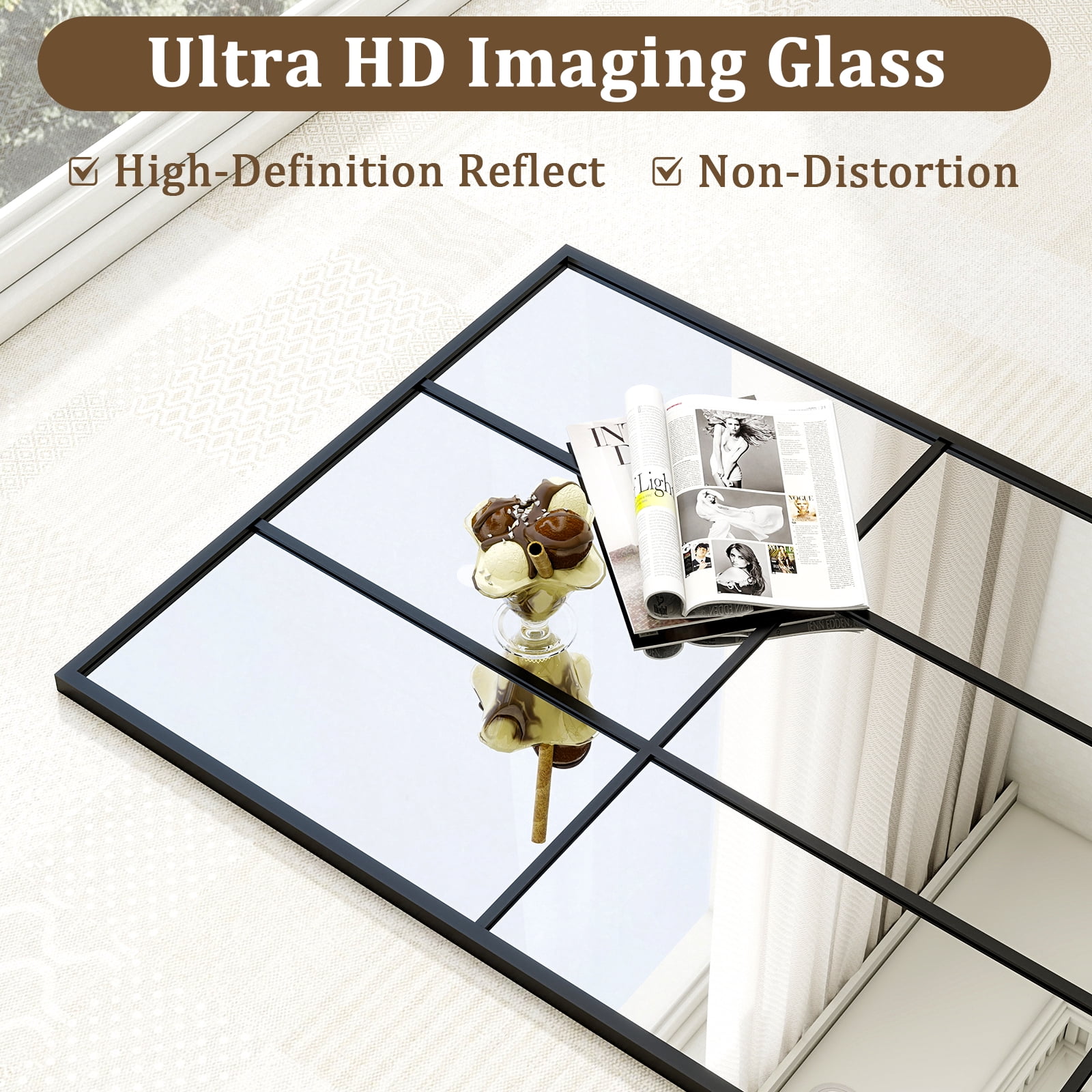 AUROMIR 69"x25" Rectangle Full Length Mirror Window Pane Wall Mirror With Metal Frame, Black