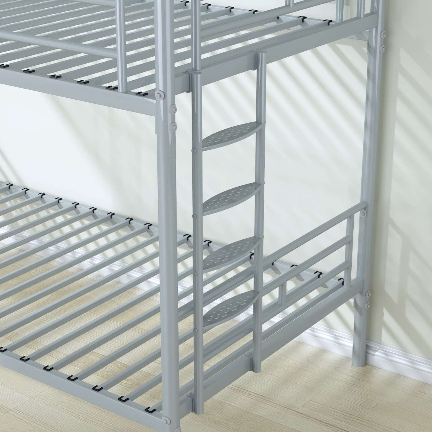 Kadyn Twin Over Twin Metal Bunk Bed, Steel Over Twin Bunk Bed with Removable Ladder, Modern Bunk Bed Frame for Teens, Silver