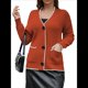 thumbnail image 1 of Suéter de Larga con Bloques de Color para Mujer, Abrigo Informal de Otoño con Botones y Bolsillo Naranja-Rojo S, 1 of 8