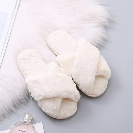 

CoCopeanut Winter Women House Fuzzy Slippers Faux Fur Warm Flat Shoes For Girls Anti-slip Cozy Home Ladies Fluff Slippers