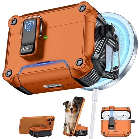 Dteck Rugged Case for AirPods Pro 2 Shockproof Cover with Secure Lock Magnetic Charging Phone Stand and Keychain,Orange
