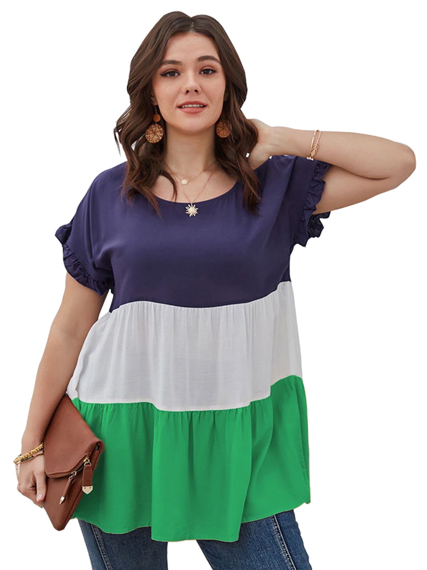 XL, Green Swing Blouse Plus Size for Women Fashion Summer Print T-Shirt Irregular Hem Loose Dress Top