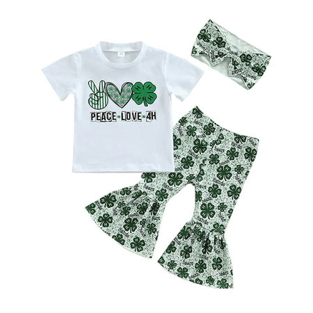 

Toddler Baby Girl St. Patrick s Day Outfits Short Sleeve T-Shirt Top+Clover Bell Pants+Headband 3Pcs Clothes Set