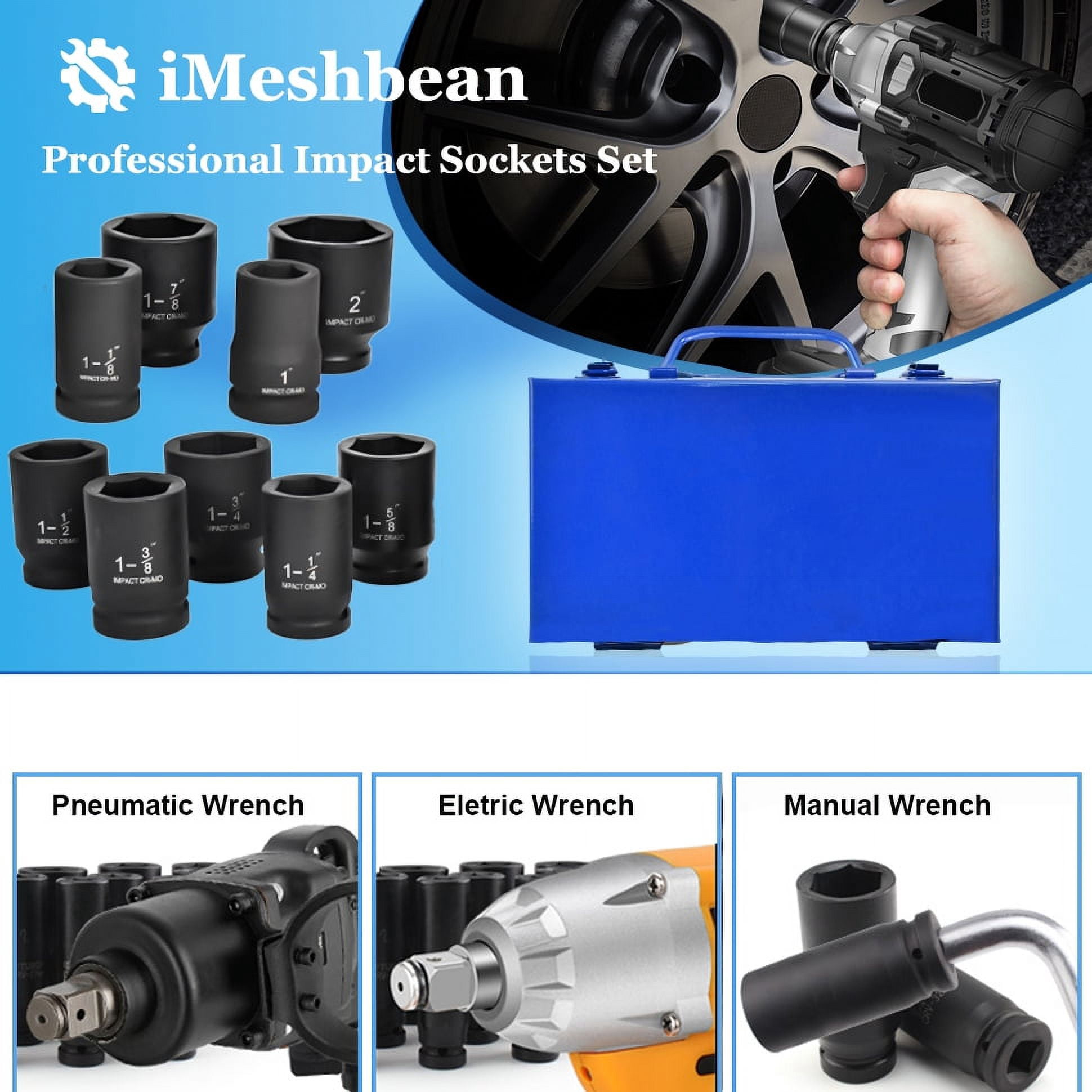 iMeshbean 9 pcs 1" Deep Impact Socket Set 6-Point SAE 1 Inch- 2 Inch CR-MO Steel Heavy Duty Sockets Tool Set with Carry Case