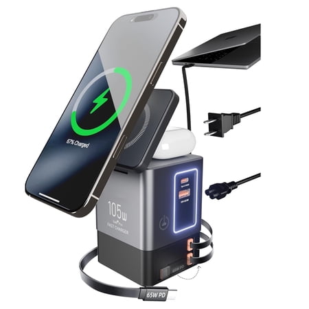 Samovi USB C Charger Station, 105W GaN Retractable Charger with 2 Wireless Charger Pad, 6 in 1 Fast Charging Station Compatible with iPhone, AirPods, MacBook, Apple Watch, Tablets, Laptops